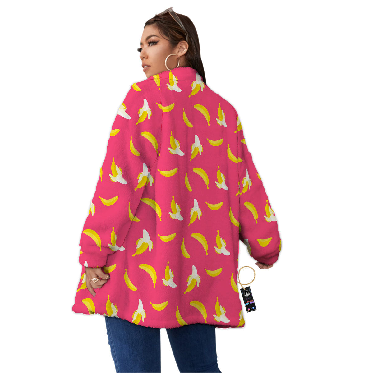 Cartoon Banana Pink Print Pattern Women's Sherpa Jacket-grizzshop