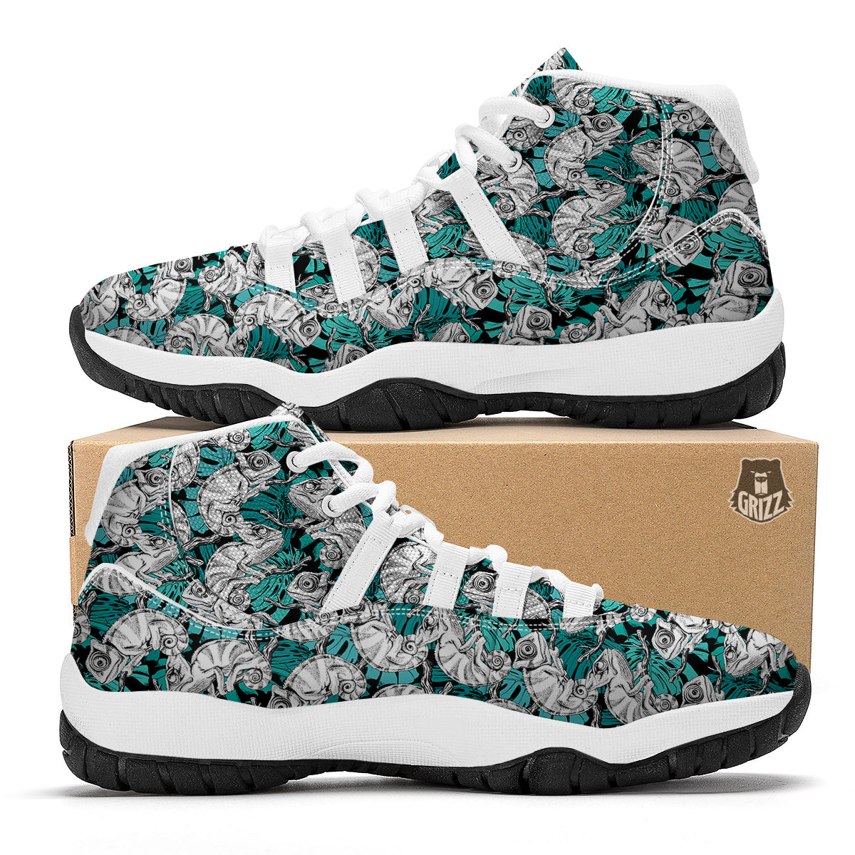 Cartoon Chameleon Pattern Print White Bball Shoes-grizzshop