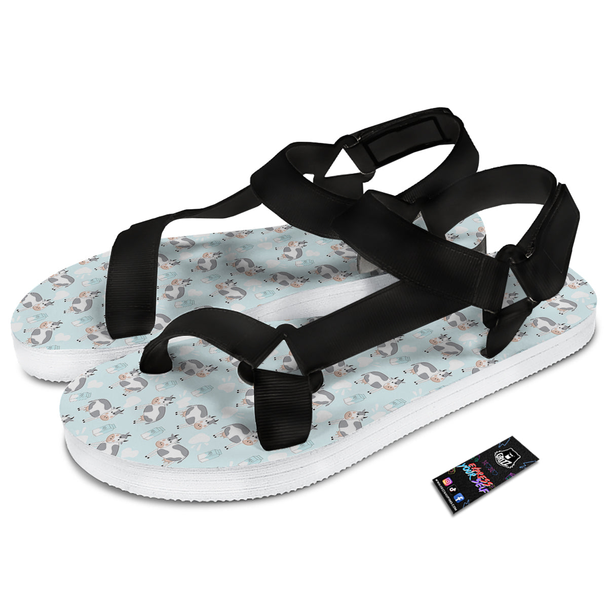 Cartoon Cows Milk Print Pattern Black Open Toe Sandals-grizzshop