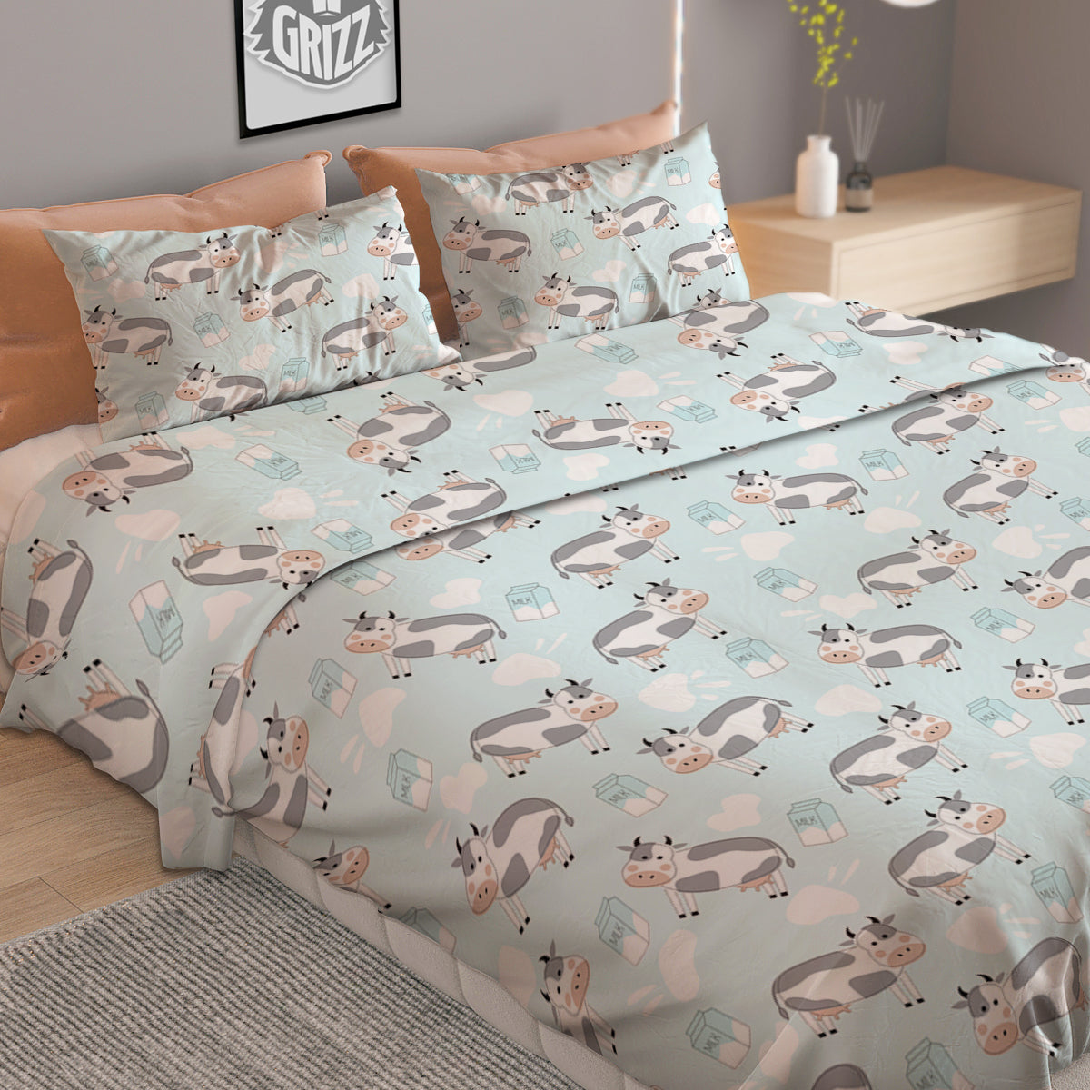 Cartoon Cows Milk Print Pattern Duvet Cover Bedding Set