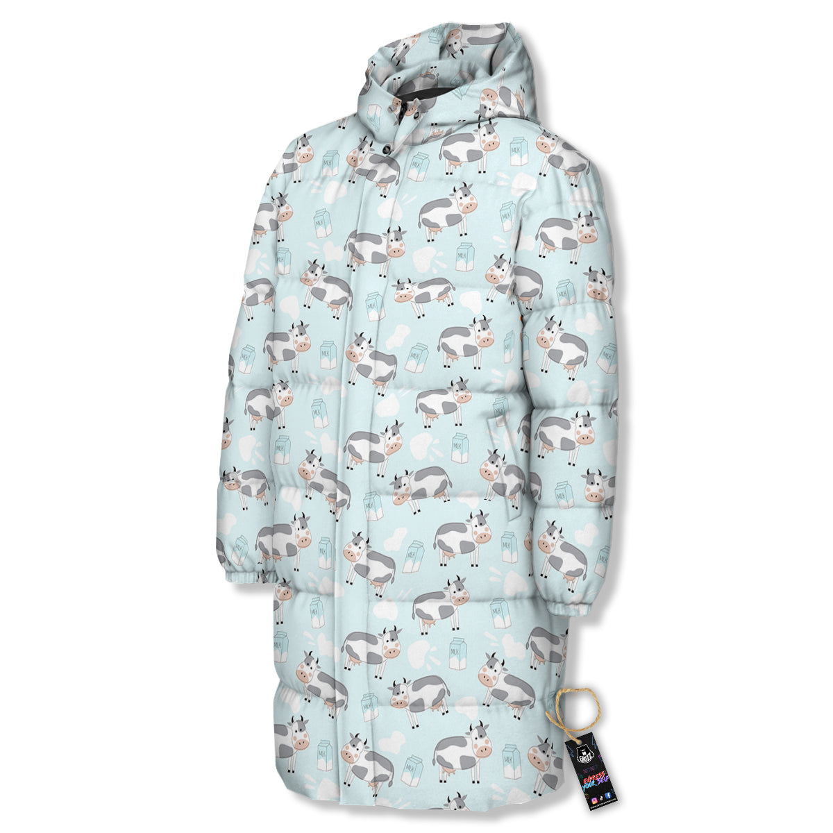 Cartoon Cows Milk Print Pattern Long Down Jacket-grizzshop