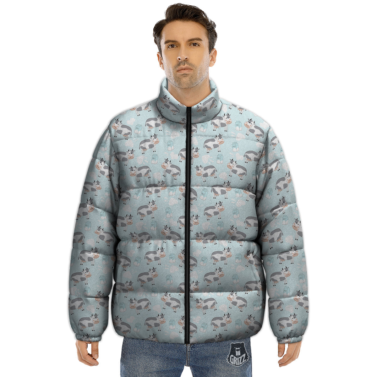 Cartoon Cows Milk Print Pattern Puffer Jacket-grizzshop