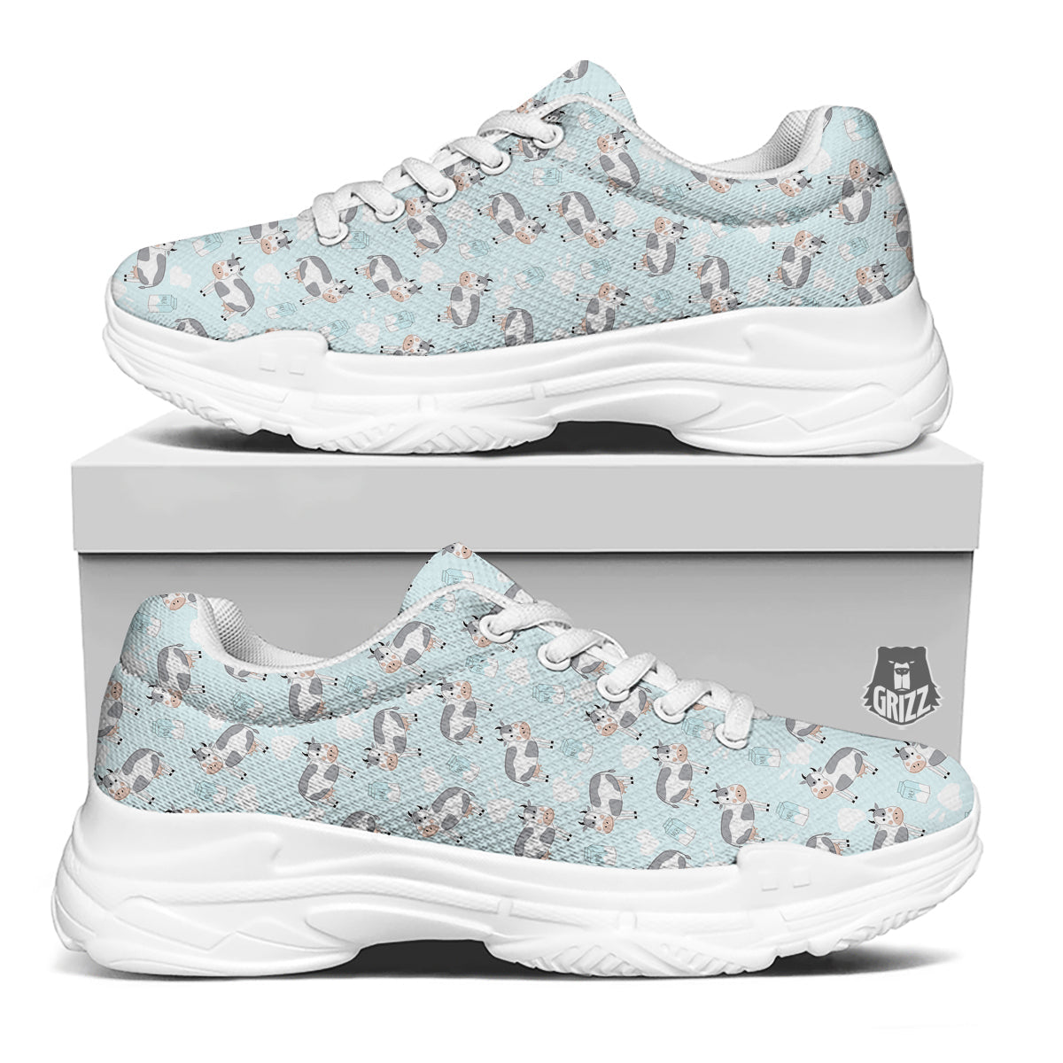 Cartoon Cows Milk Print Pattern White Chunky Shoes-grizzshop