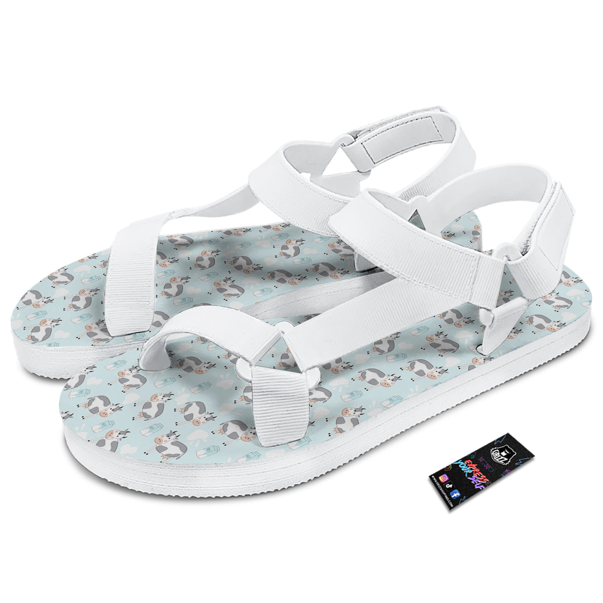 Cartoon Cows Milk Print Pattern White Open Toe Sandals-grizzshop