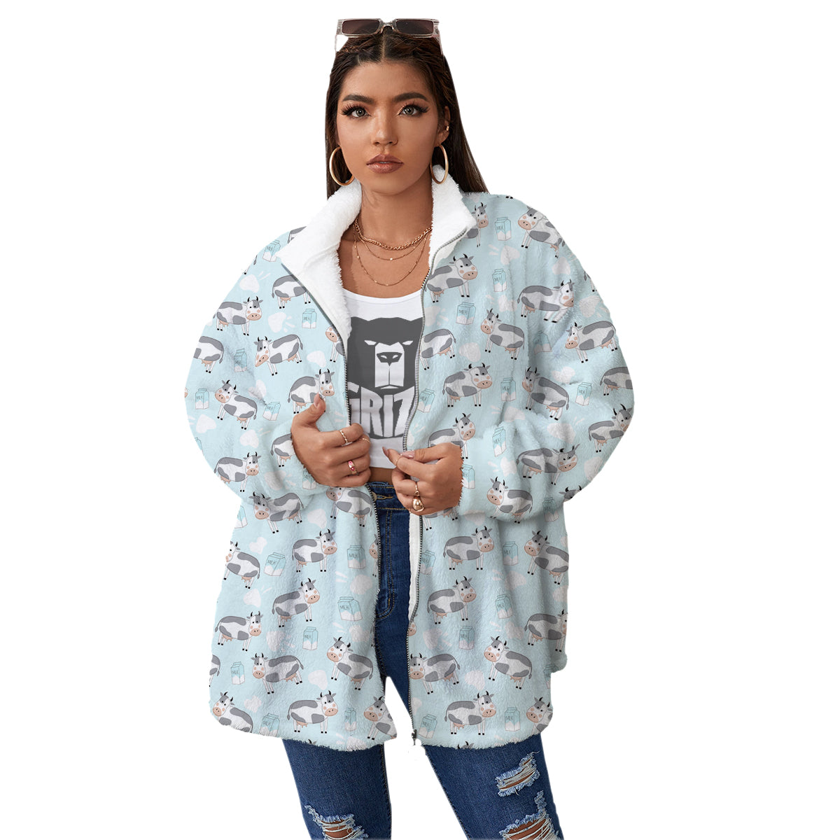Cartoon Cows Milk Print Pattern Women's Sherpa Jacket-grizzshop