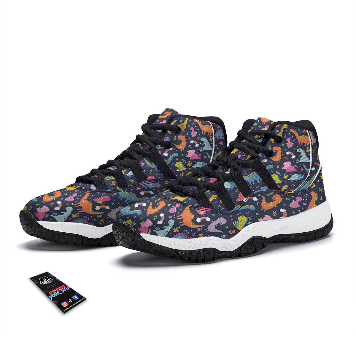 Cartoon Dino Dinosaur Pattern Print Black Bball Shoes-grizzshop