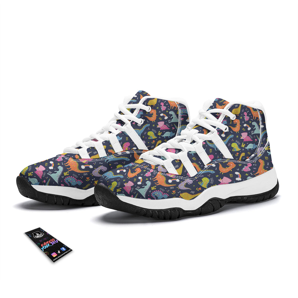 Cartoon Dino Dinosaur Pattern Print White Bball Shoes-grizzshop