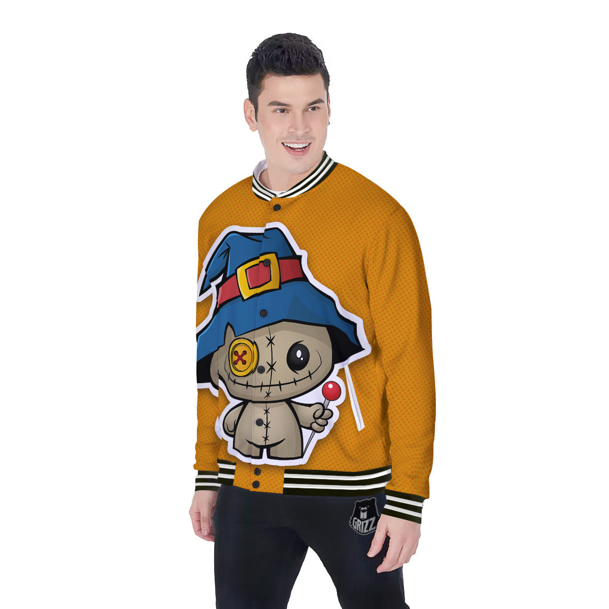 Cartoon Doll Voodoo Print Baseball Jacket-grizzshop