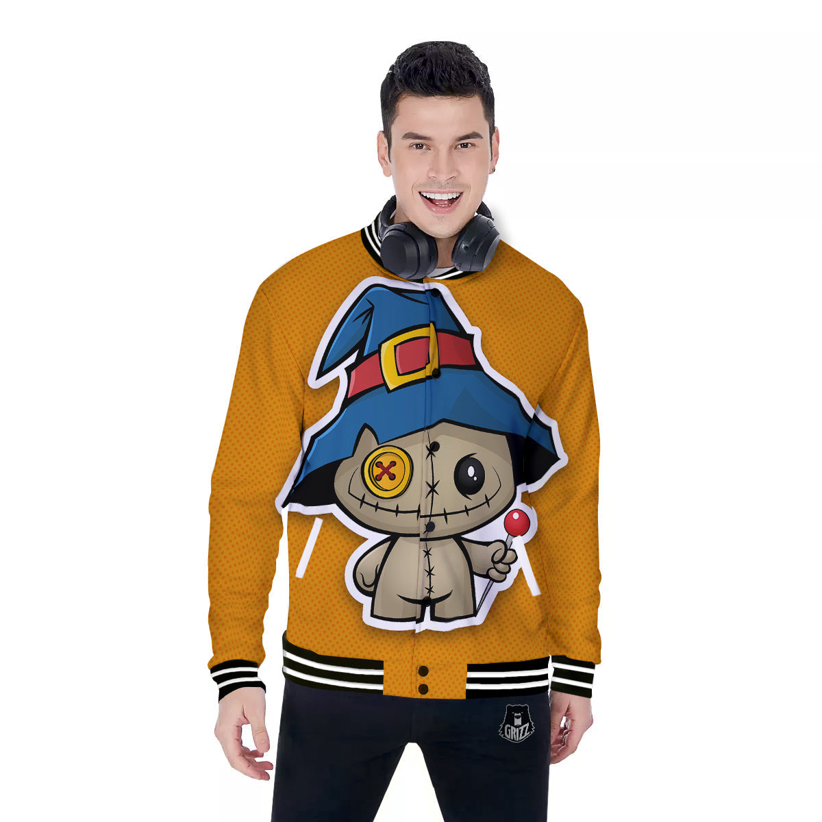Cartoon Doll Voodoo Print Baseball Jacket-grizzshop