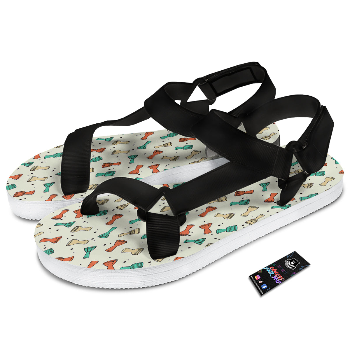 Cartoon Drum Print Pattern Black Open Toe Sandals-grizzshop