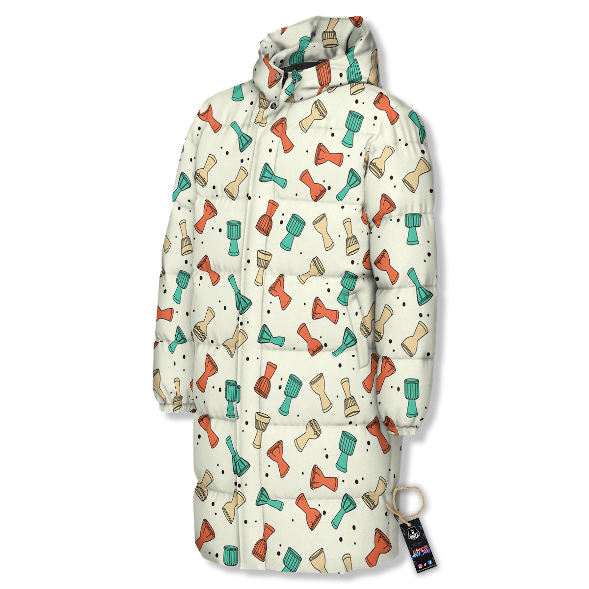 Cartoon Drum Print Pattern Long Down Jacket-grizzshop