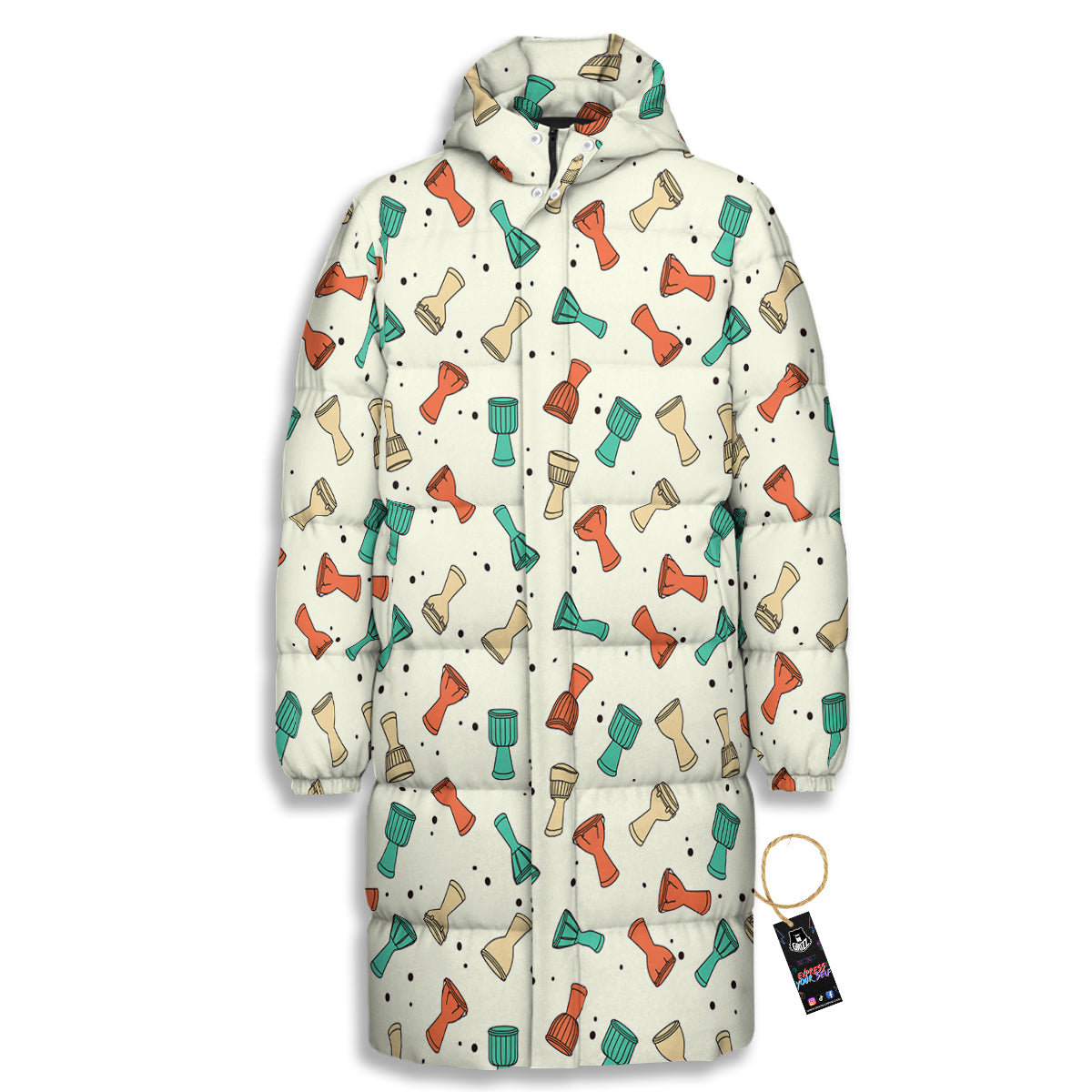 Cartoon Drum Print Pattern Long Down Jacket-grizzshop