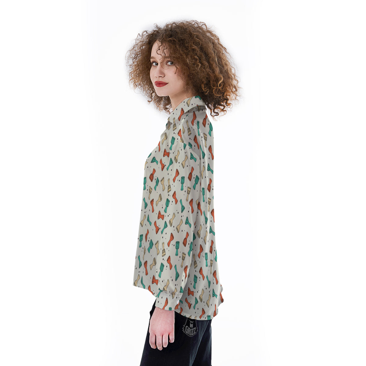 Cartoon Drum Print Pattern Women's Long Sleeve Shirts-grizzshop