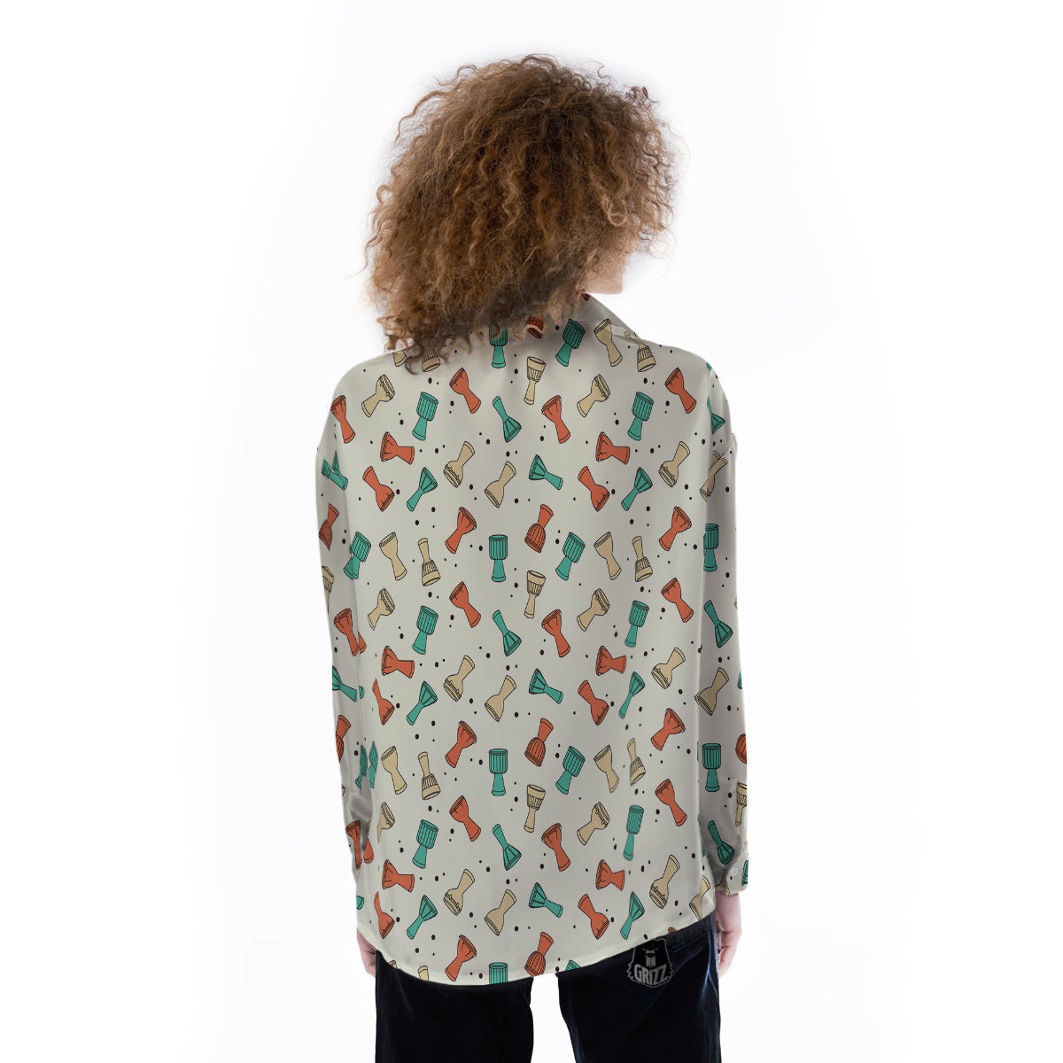 Cartoon Drum Print Pattern Women's Long Sleeve Shirts-grizzshop