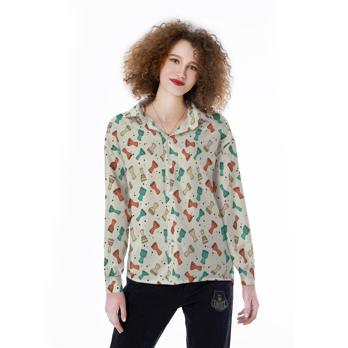Cartoon Drum Print Pattern Women's Long Sleeve Shirts-grizzshop