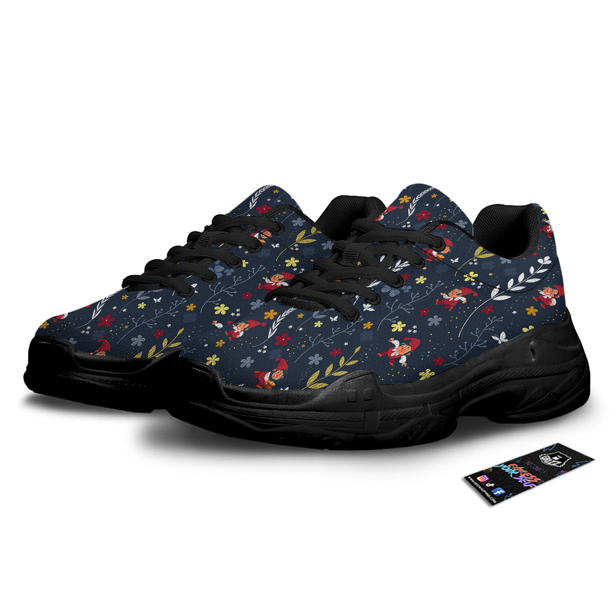 Cartoon Elf And Floral Print Pattern Black Chunky Shoes-grizzshop