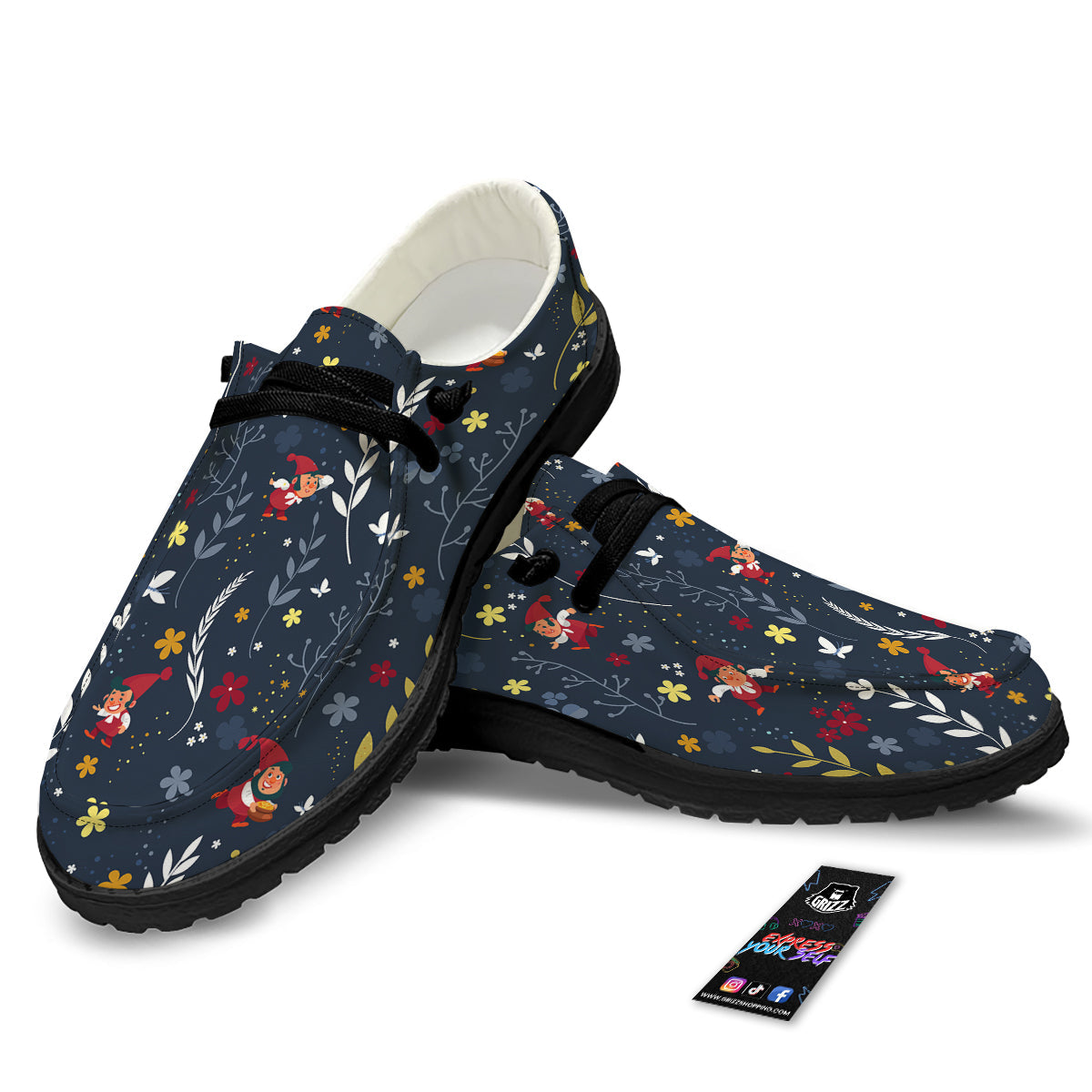 Cartoon Elf And Floral Print Pattern Black Loafers-grizzshop