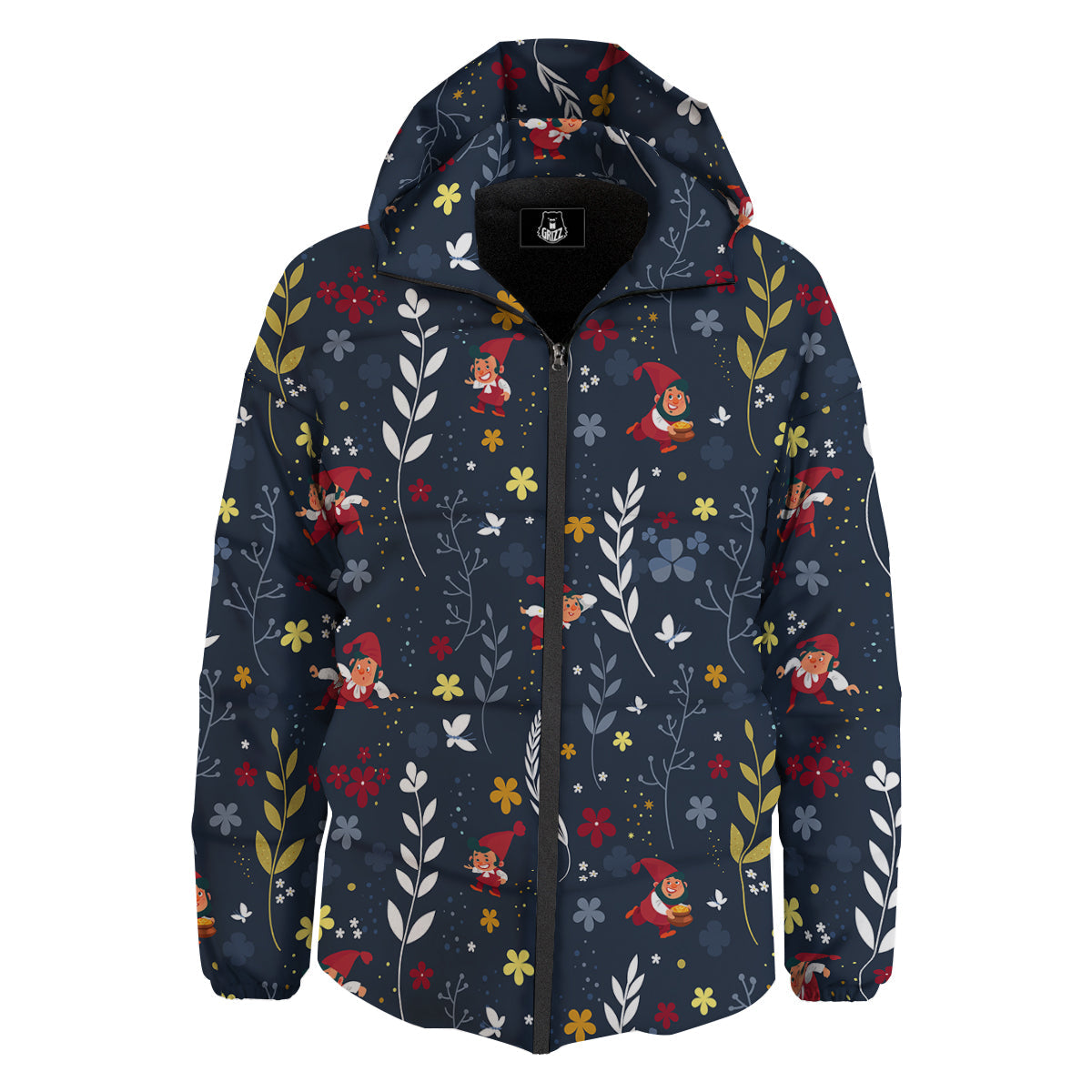 Cartoon Elf And Floral Print Pattern Down Jacket-grizzshop