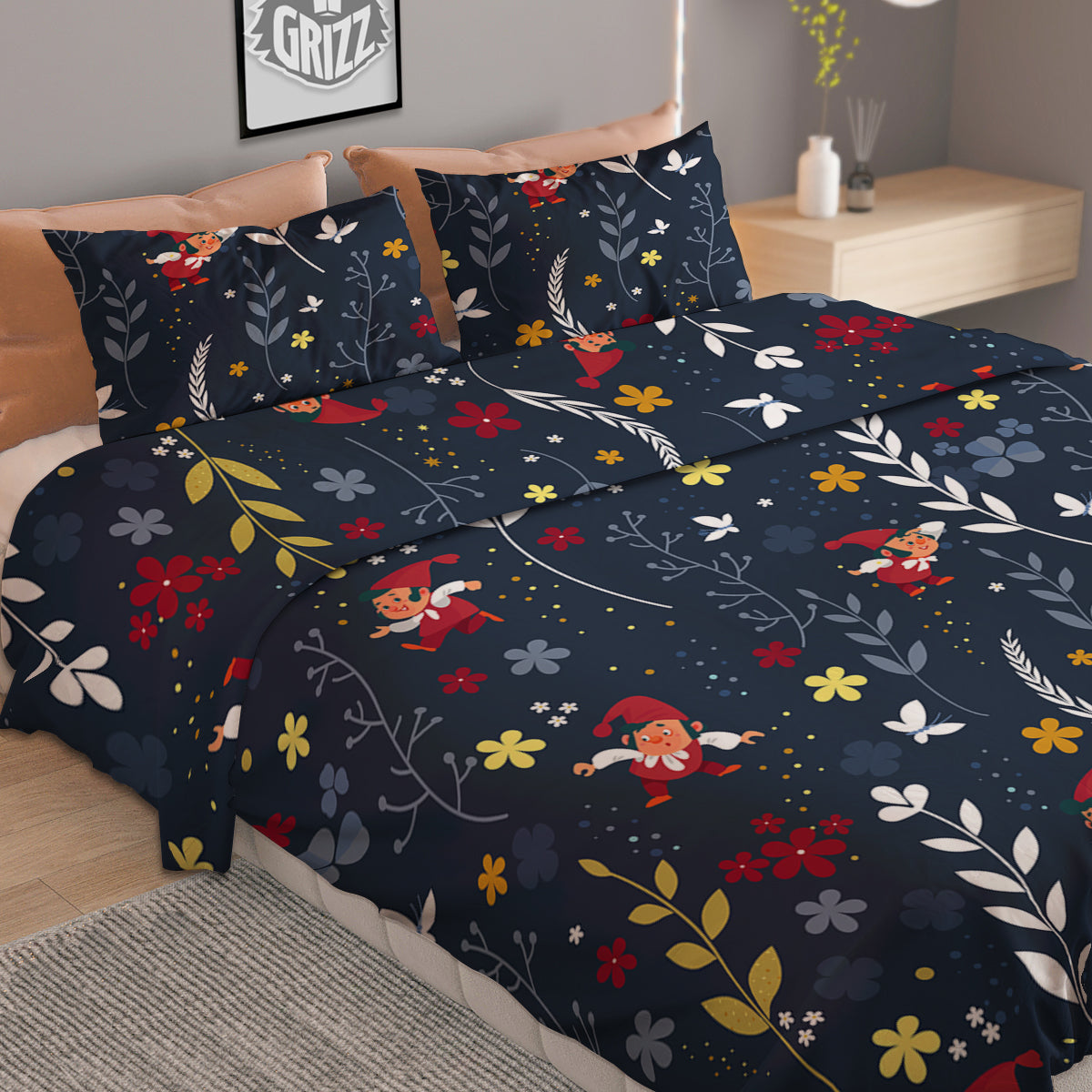 Cartoon Elf And Floral Print Pattern Duvet Cover Bedding Set