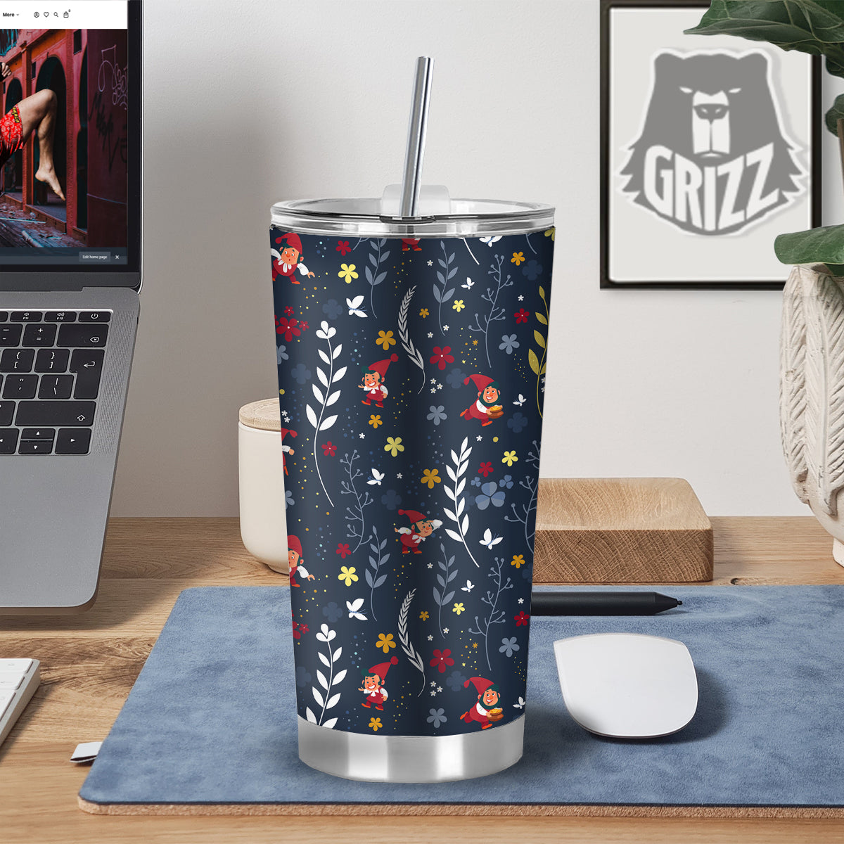Cartoon Elf And Floral Print Pattern Tumbler-grizzshop