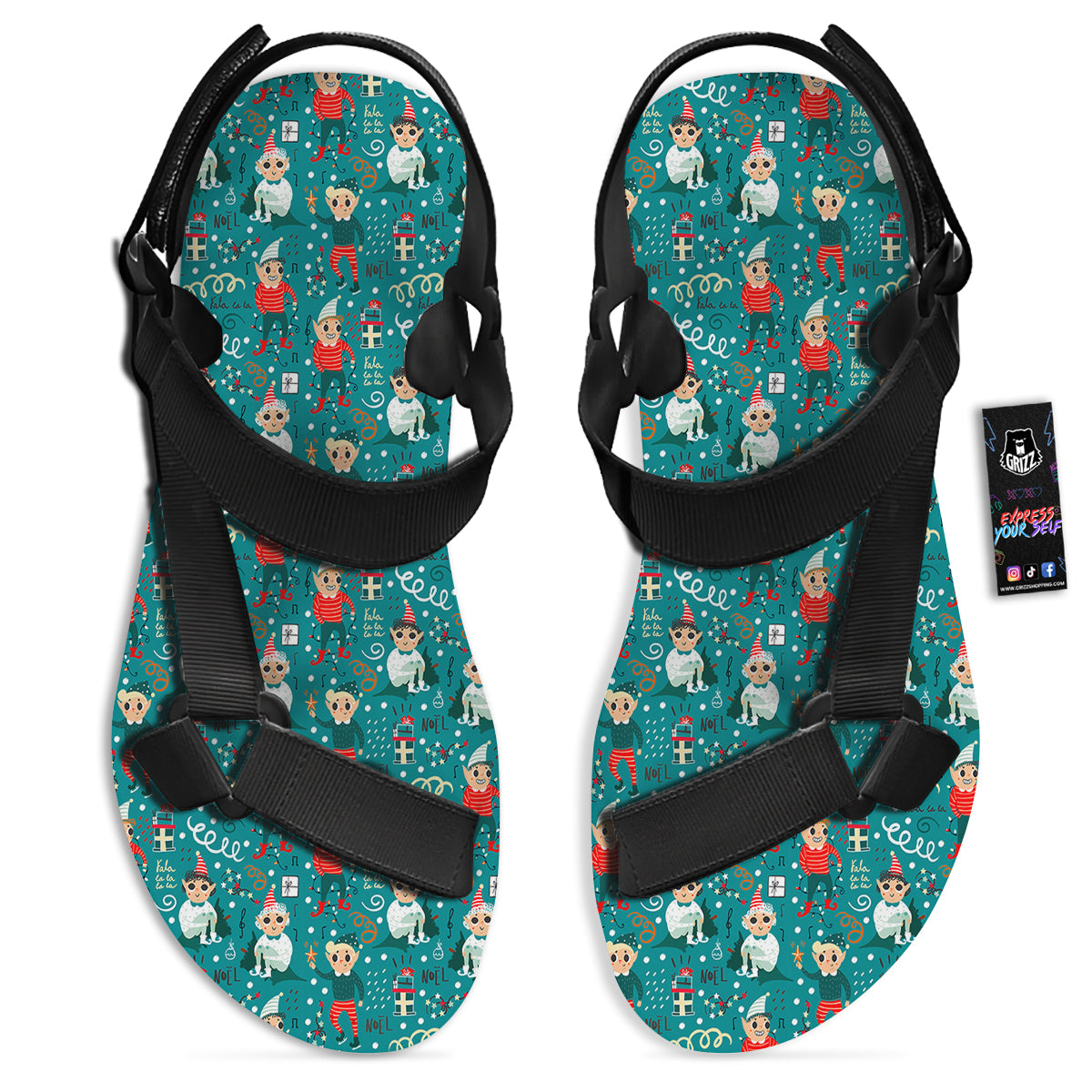 Cartoon Elf Print Pattern Black Open Toe Sandals-grizzshop