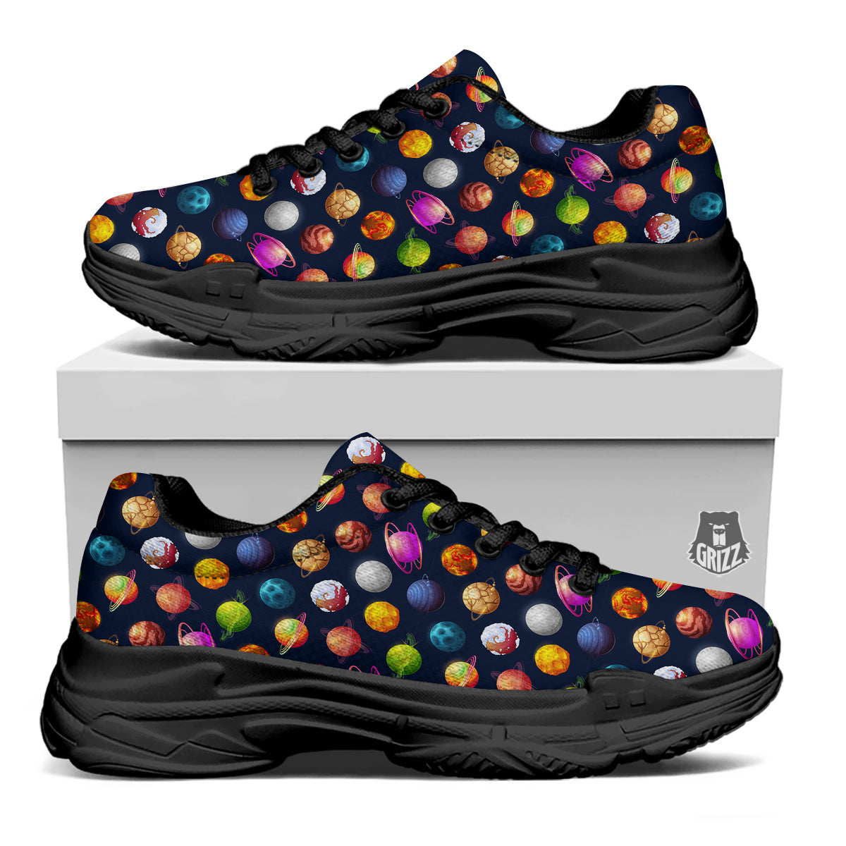 Cartoon Futuristic Planets Colorful Print Pattern Black Chunky Shoes-grizzshop