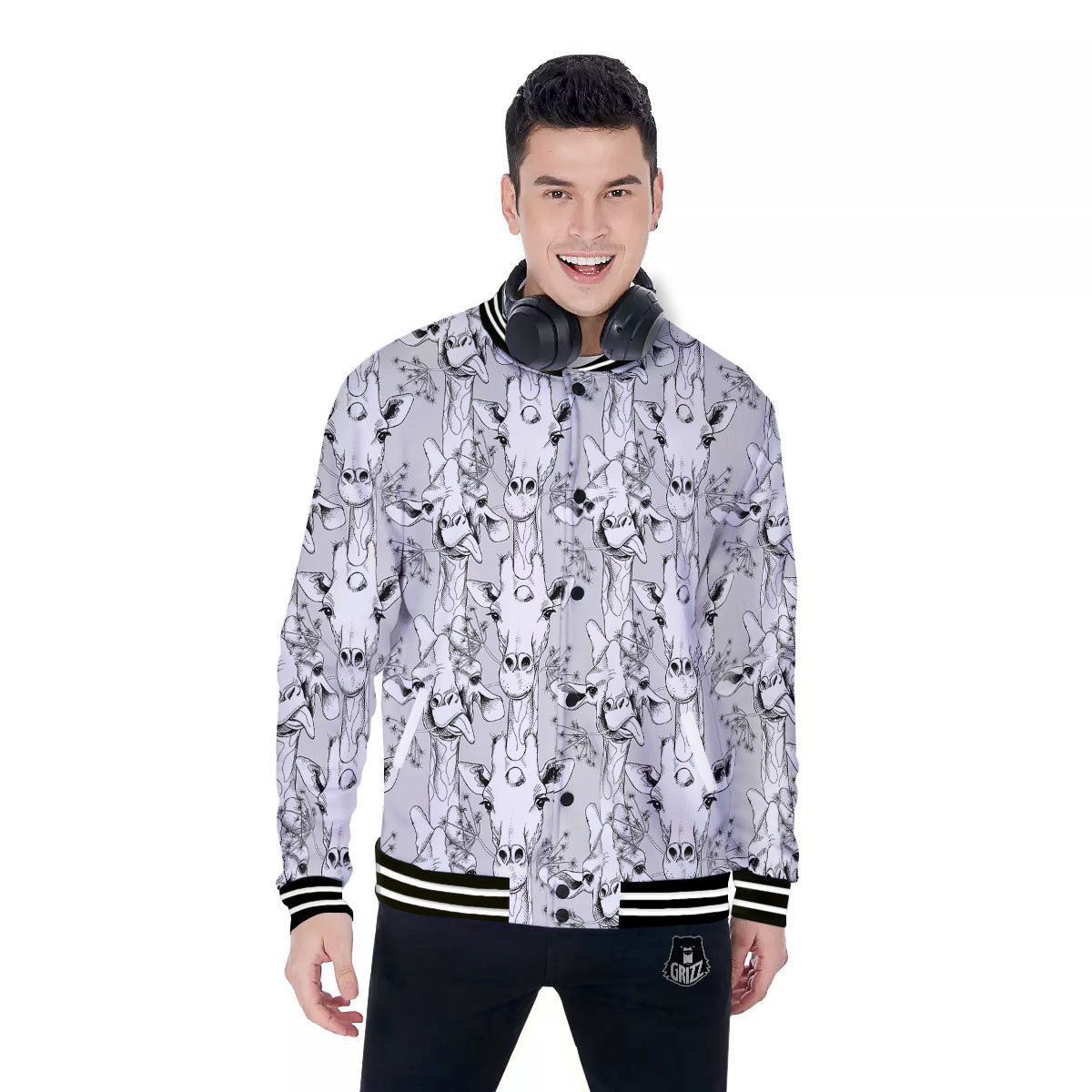 Cartoon Giraffe White And Black Print Baseball Jacket-grizzshop