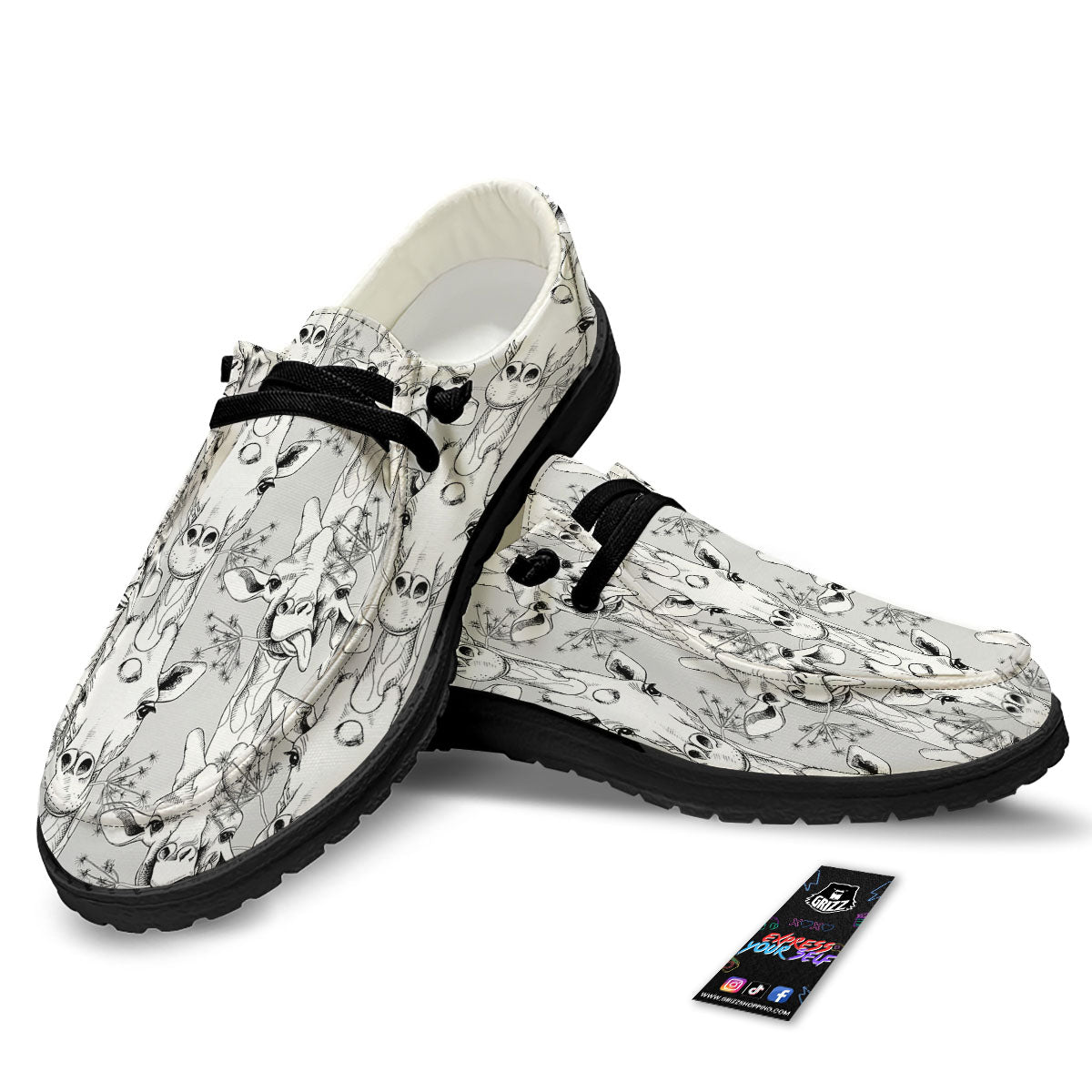 Cartoon Giraffe White And Black Print Black Loafers-grizzshop