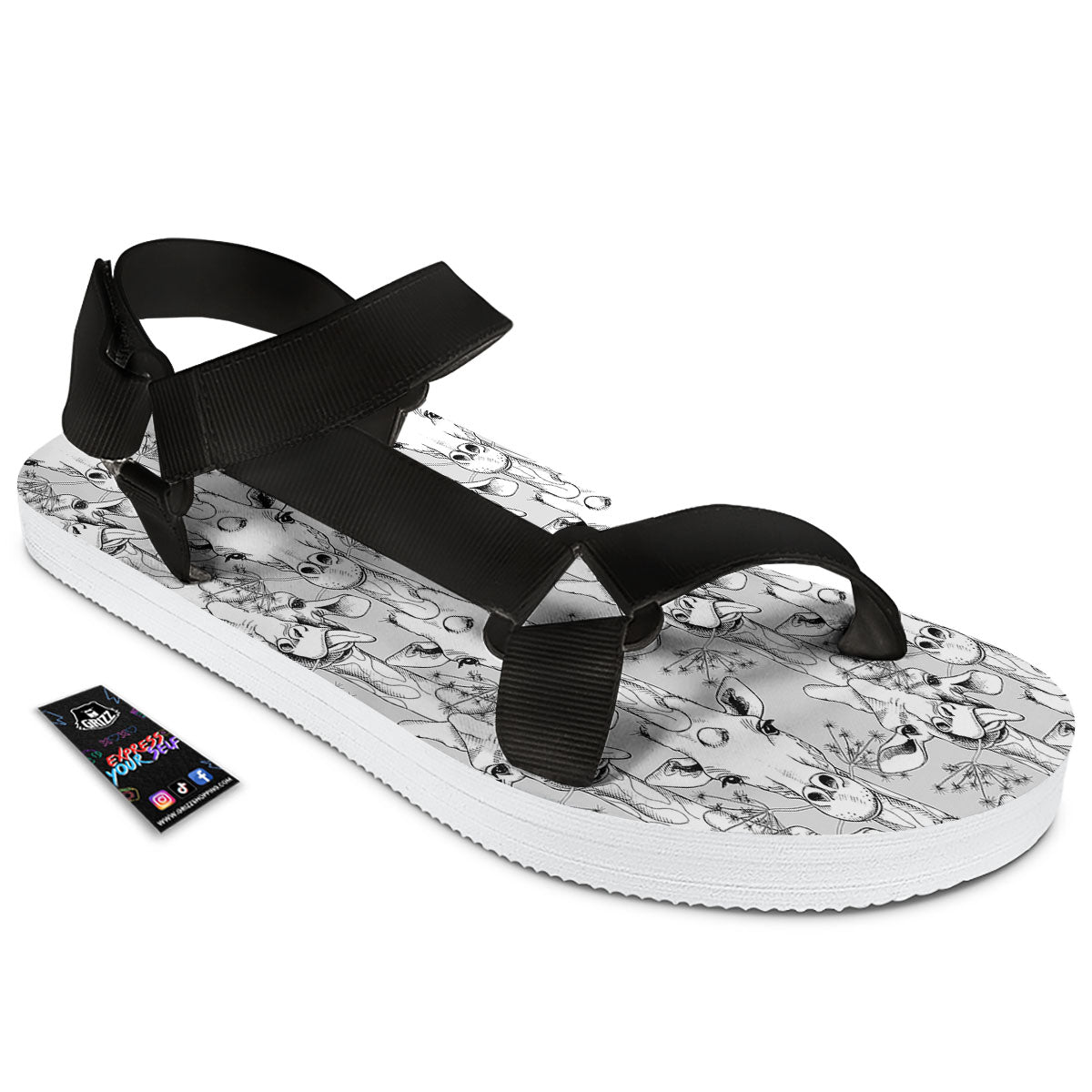 Cartoon Giraffe White And Black Print Black Open Toe Sandals-grizzshop