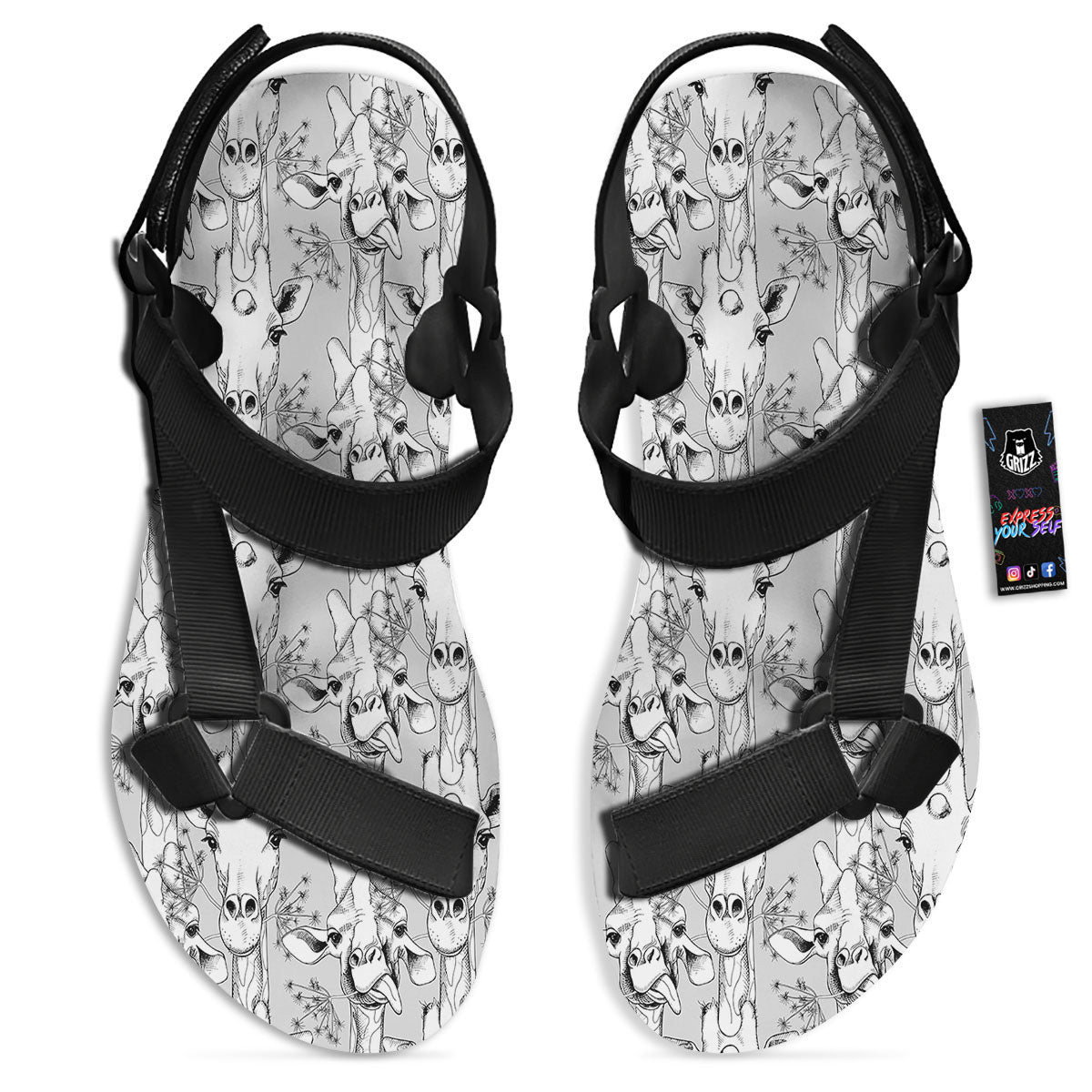 Cartoon Giraffe White And Black Print Black Open Toe Sandals-grizzshop