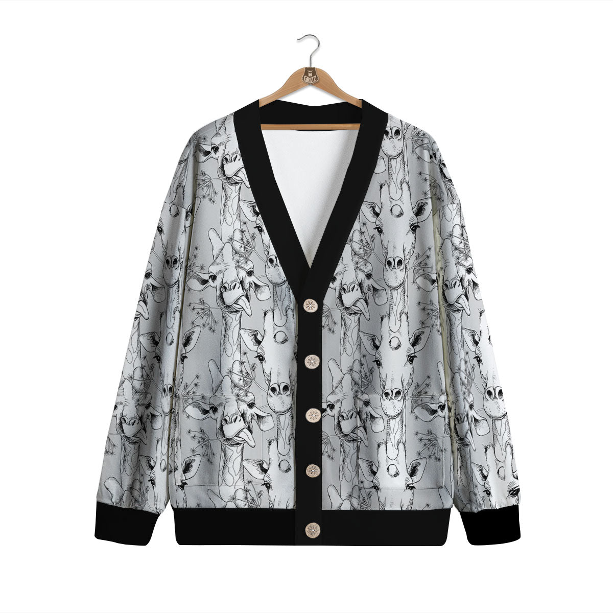 Cartoon Giraffe White And Black Print Cardigan-grizzshop