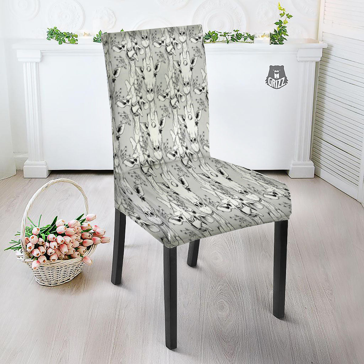 Cartoon Giraffe White And Black Print Dining Chair Slipcover-grizzshop