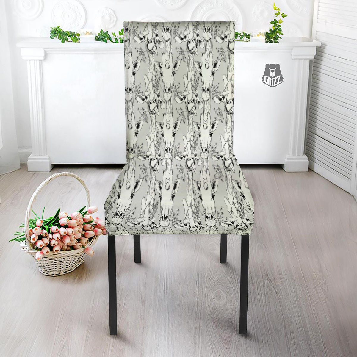 Cartoon Giraffe White And Black Print Dining Chair Slipcover-grizzshop