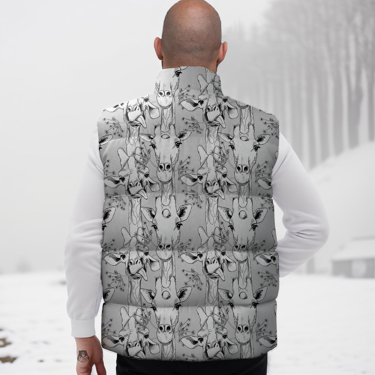 Cartoon Giraffe White And Black Print Down Vest