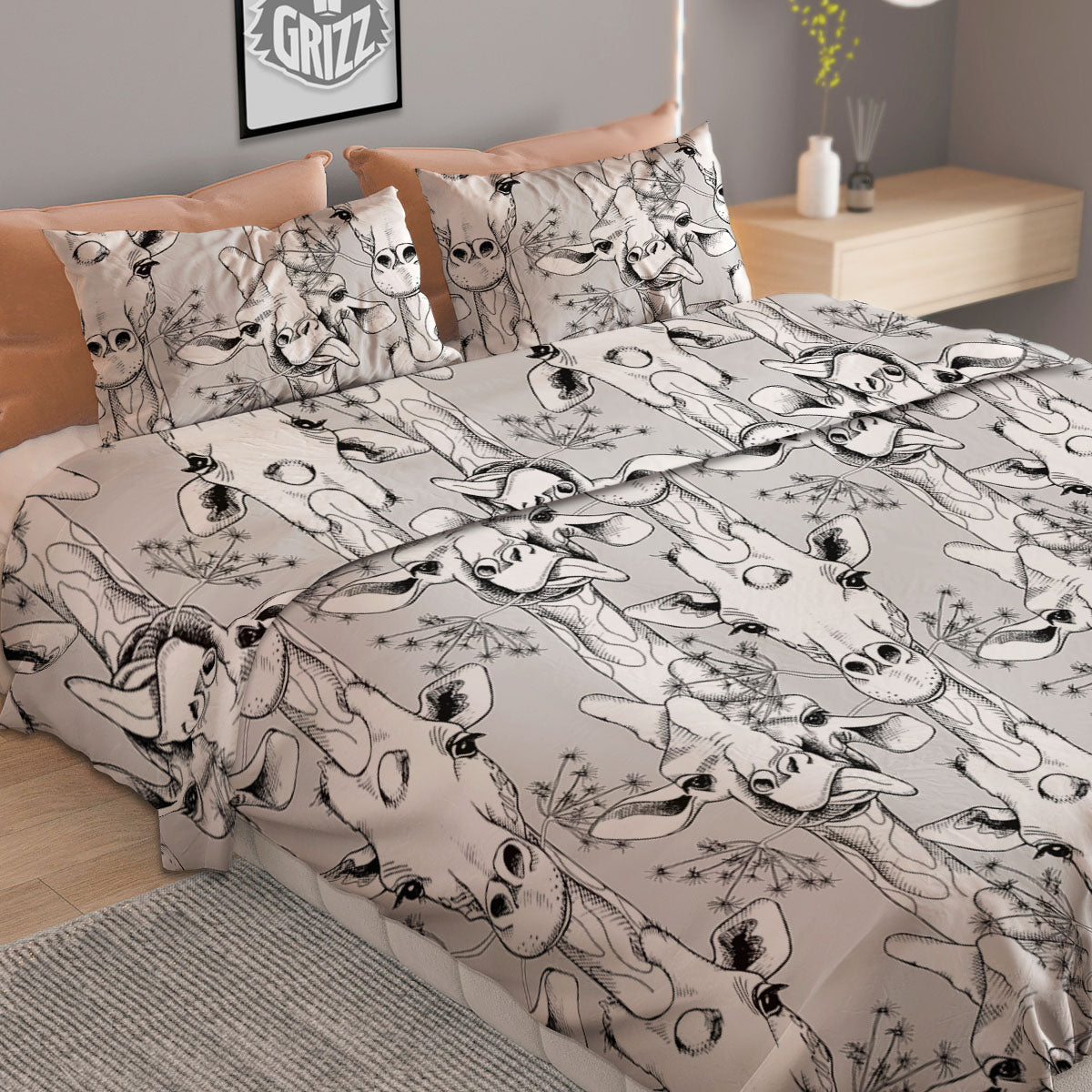 Cartoon Giraffe White And Black Print Duvet Cover Bedding Set