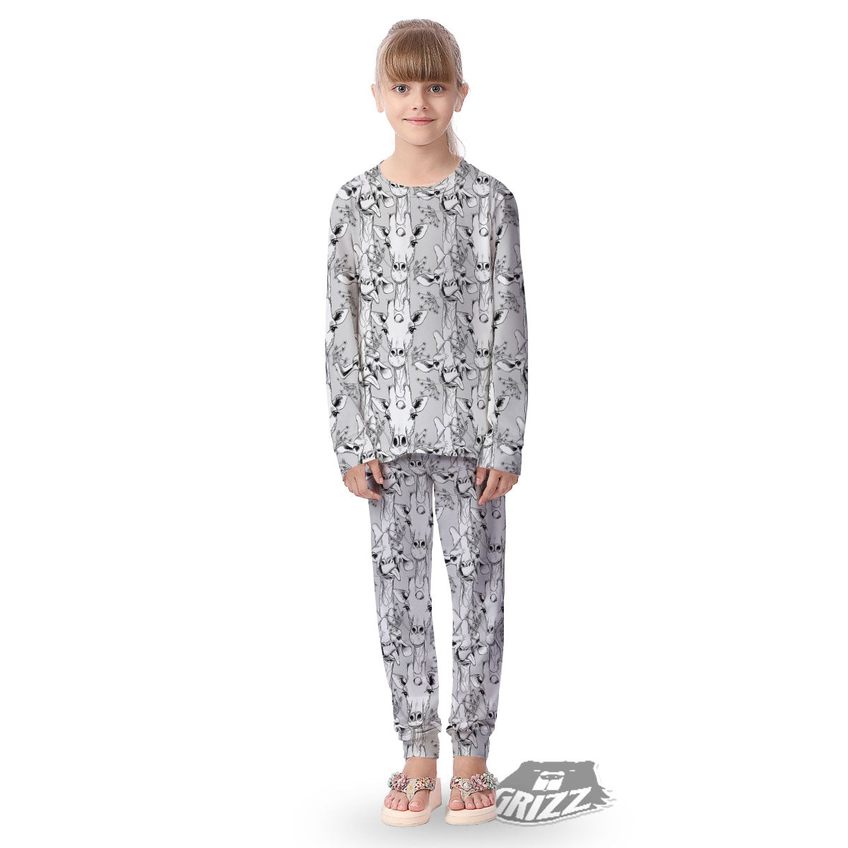 Cartoon Giraffe White And Black Print Kid's Pajamas-grizzshop
