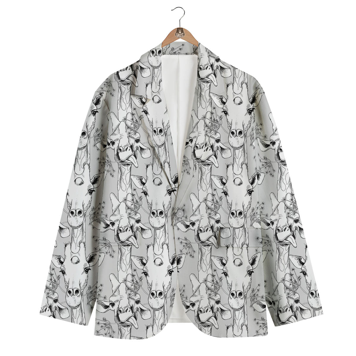 Cartoon Giraffe White And Black Print Men's Blazer-grizzshop