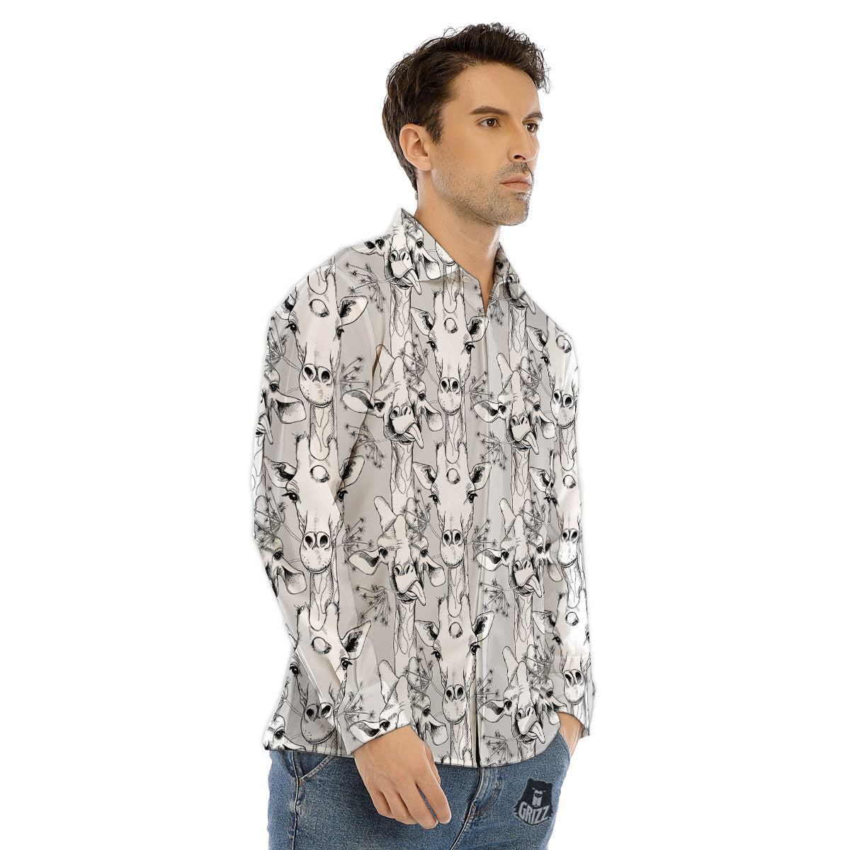 Cartoon Giraffe White And Black Print Men's Dress Shirts-grizzshop