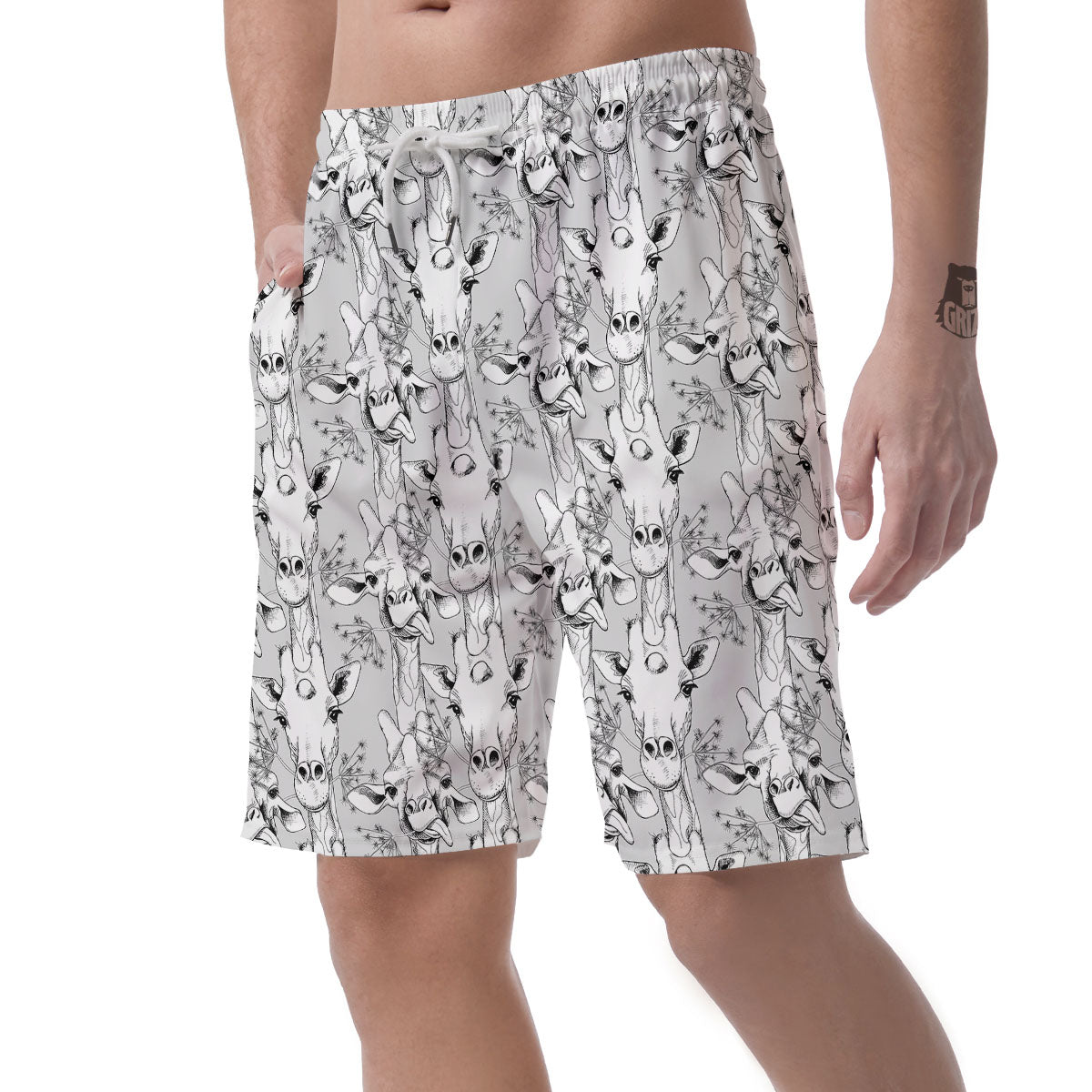 Cartoon Giraffe White And Black Print Men's Shorts-grizzshop
