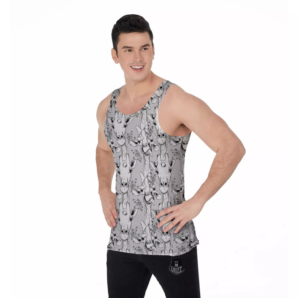 Cartoon Giraffe White And Black Print Men's Tank Top-grizzshop