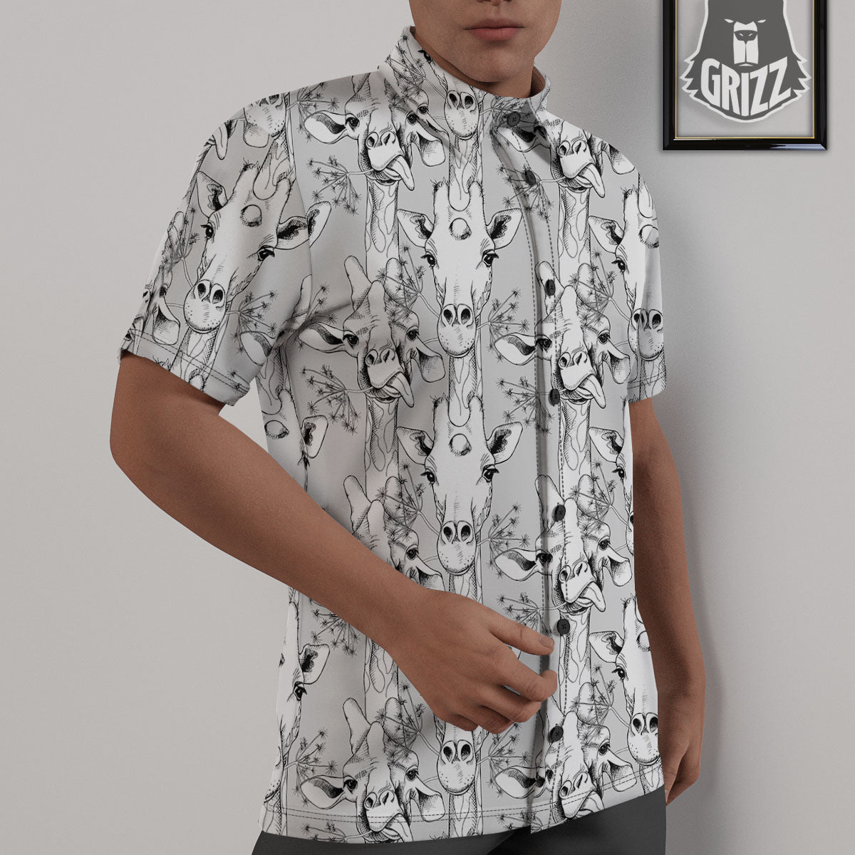 Cartoon Giraffe White And Black Print Untucked Shirts-grizzshop
