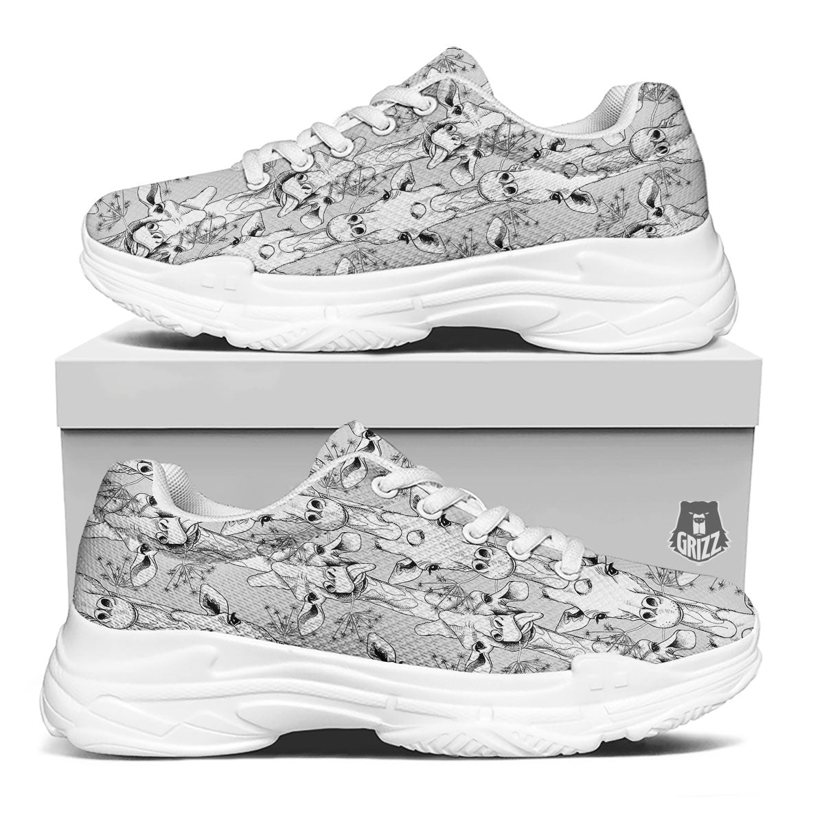 Cartoon Giraffe White And Black Print White Chunky Shoes-grizzshop