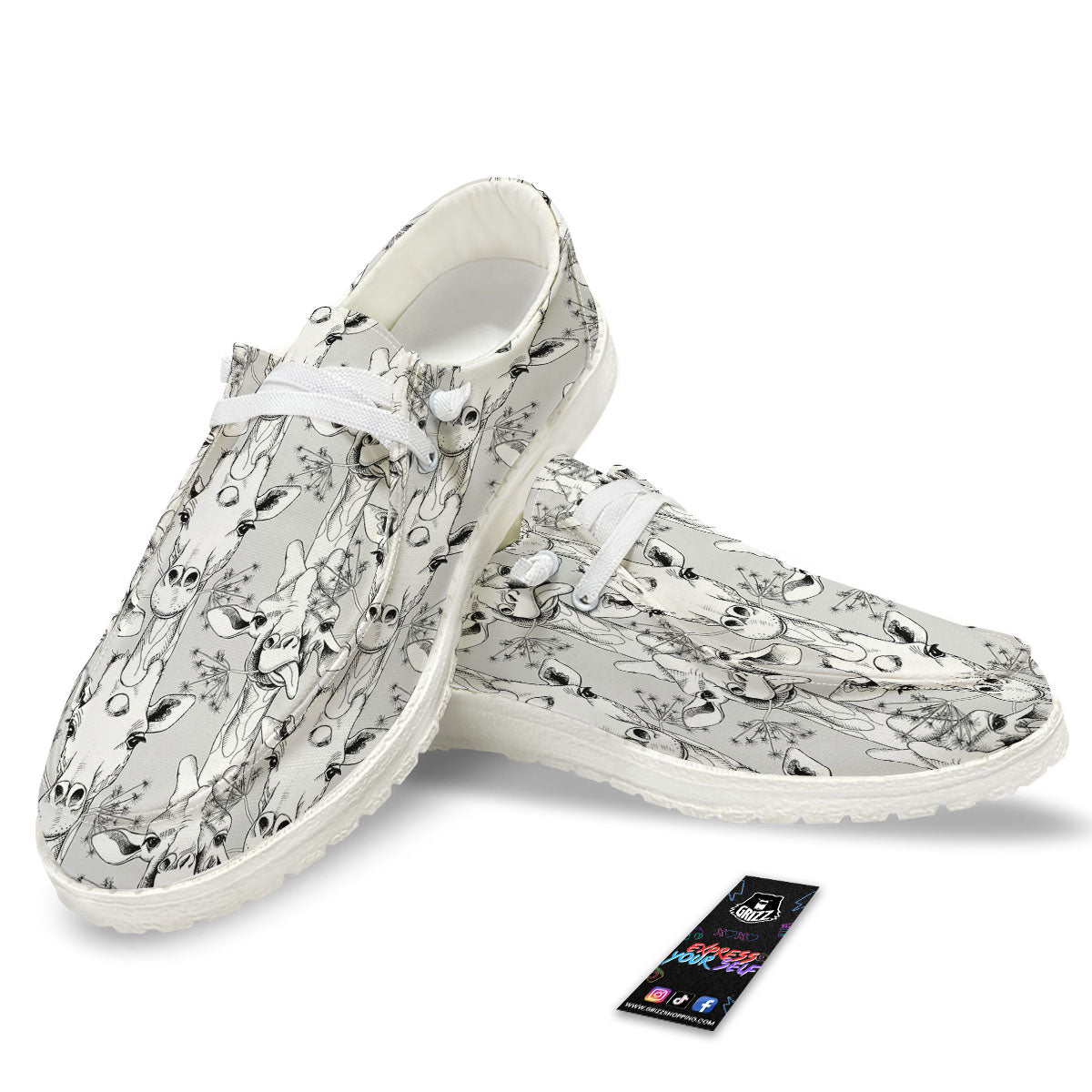 Cartoon Giraffe White And Black Print White Loafers-grizzshop
