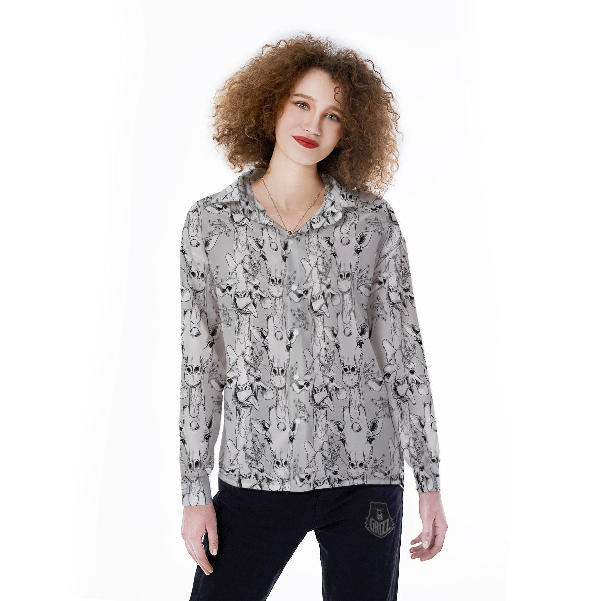 Cartoon Giraffe White And Black Print Women's Long Sleeve Shirts-grizzshop