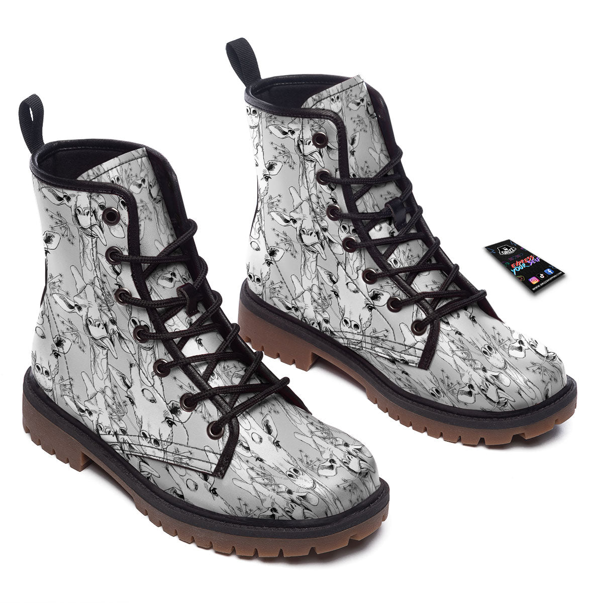 Cartoon Giraffe White And Black Print Work Boots-grizzshop