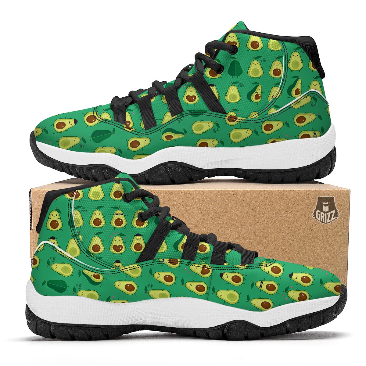 Cartoon Green Avocado Patttern Print Black Bball Shoes-grizzshop