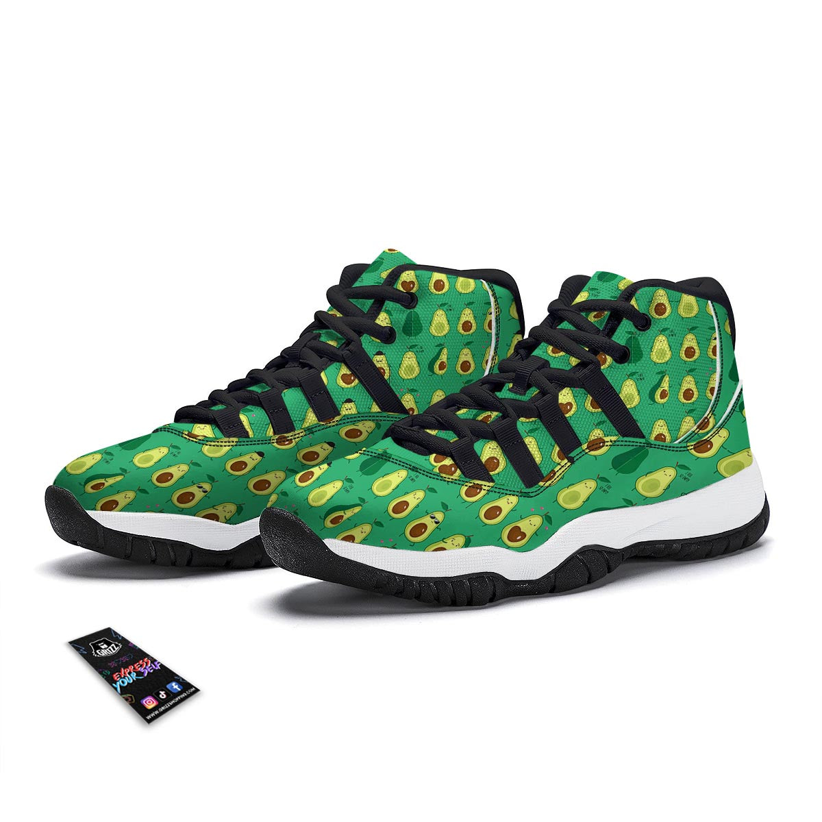 Cartoon Green Avocado Patttern Print Black Bball Shoes-grizzshop