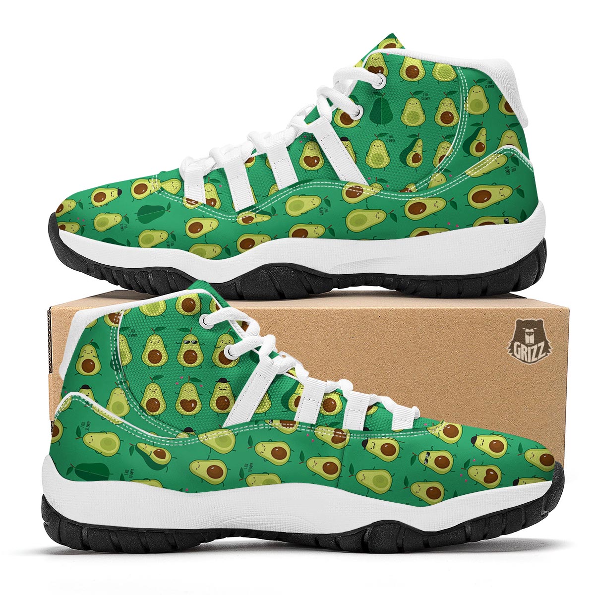 Cartoon Green Avocado Patttern Print White Bball Shoes-grizzshop