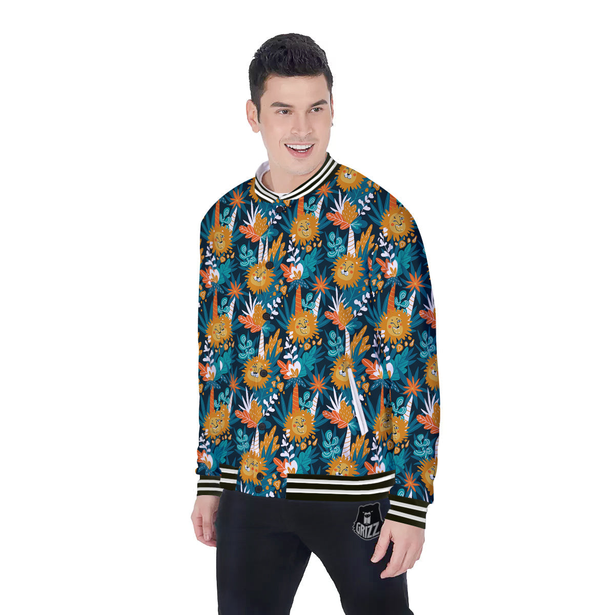 Cartoon Lion And Forest Print Pattern Baseball Jacket-grizzshop