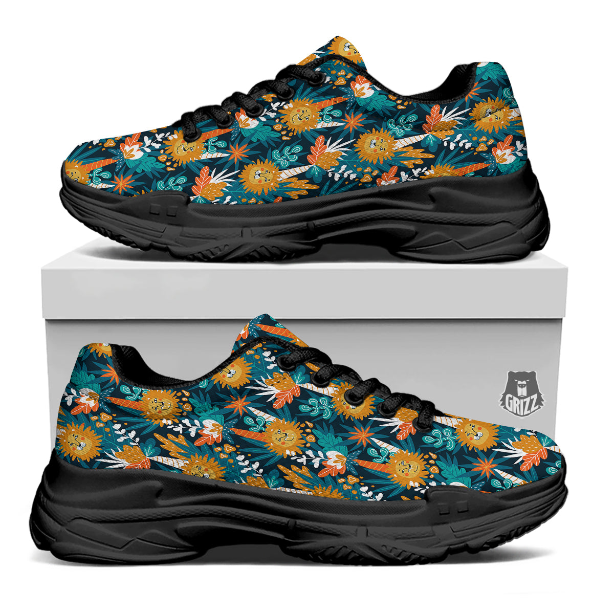 Cartoon Lion And Forest Print Pattern Black Chunky Shoes-grizzshop
